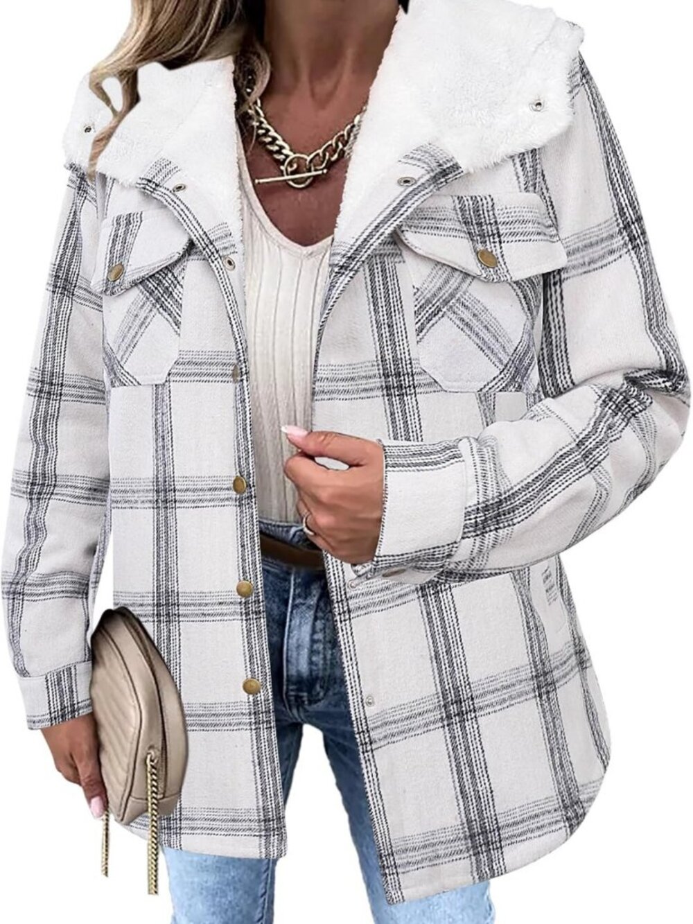 Cozy Women's Flannel Plaid Shacket, Fleece Lined Hooded Warm Jacket